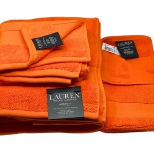 RALPH LAUREN WESCOTT 4 PC Set Summer Orange Cotton Bath Hand Towels 2 Washcloths